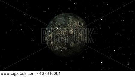Fictional Planet Sun Rise In Dark Background With Stars. Front View Of Haumea Planet From Space. Ful