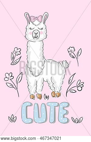 Llama, Pink Print Girl With Lettering Cute. Lama Vector Illustration. Cute Funny Trendy Design For C