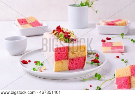 Battenberg Cake, Traditional British Dessert With Two-colored Sponge Cake Wrapped In Marzipan, Toppe