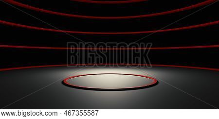 Red Curve Podium Background Neon Light Circle Dark Zen Modern Abstract Base Concept Stage 3d Illustr
