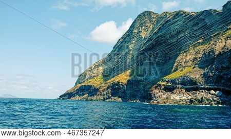 Aeolian Islands, Sicily. Amazing View Of The Salina Island Cliffs From The Sea.
