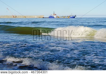 A Vessel For Deepening And Cleaning Water Bodies. Dredging Vessel Technical Fleet. Extraction Of Non