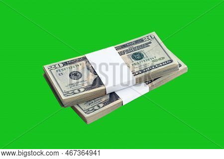 Bundle Of Us Dollar Bills Isolated On Chroma Keyer Green. Pack Of American Money With High Resolutio