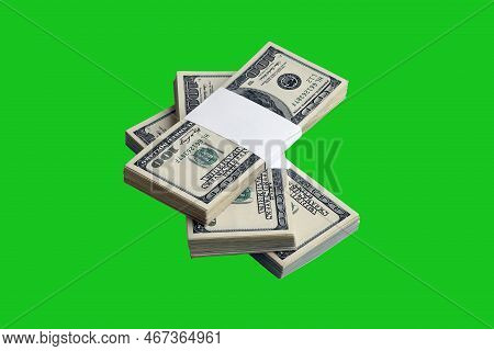 Bundle Of Us Dollar Bills Isolated On Chroma Keyer Green. Pack Of American Money With High Resolutio