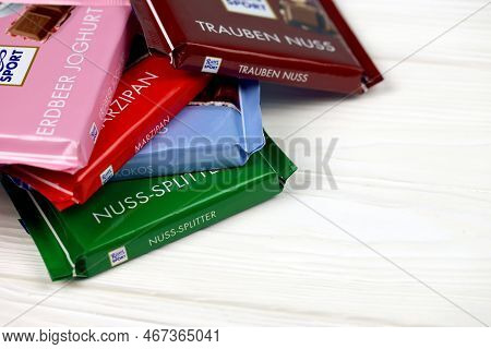 Kharkiv, Ukraine - December 8, 2020: Ritter Sport Chocolate Product. Ritter Sport Company Was Founde