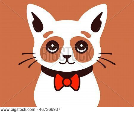Cute Well-mannered Kitten Wears A Bow Tie. Flat Vector Illustration.