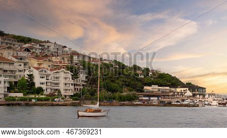 Sailboat With Background Of The Mountains Of Kinaliada Island From Marmara Sea, With Traditional Sum