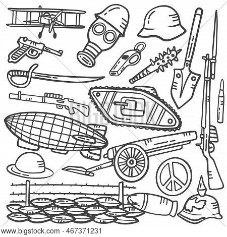 World War 1 History Concept Doodle Hand Drawn Set Collections With Outline Black And White Style Vec
