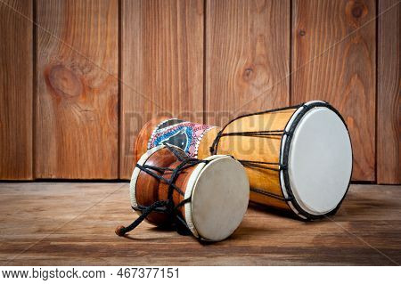 Damaru And Djembe Drums, Percussion And Musical Instruments.