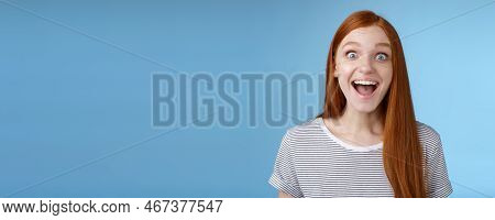 Surprised Pleased Happy Impressed Redhead European Girl 20s Reacting Amused Wide Eyes Look Admiratio