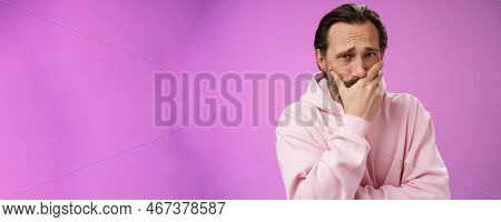 Shocked Upset Handsome Mature Bearded Man Hear Terrible News Griefing Suffer Sorrow Express Empathy 
