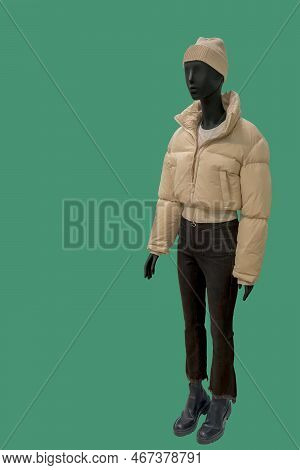 Full Length Image Of A Female Display Mannequin Wearing Warm Quilted Padded Jacket Isolated On Green