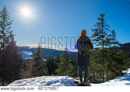 Asian Women Hiking In The Snow At The Brocken Mountain During Winter In The Harz Germany