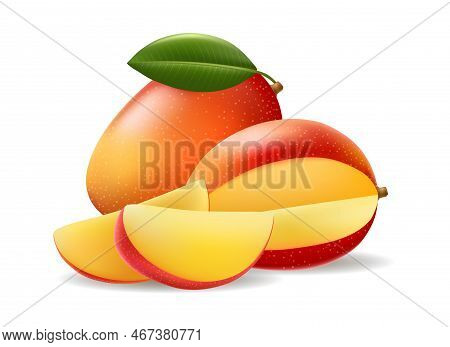 Red Mango Fruit And Slices In Realistic Style. Whole And Pieces Mangoes With Ripe Yellow Pulp Desser