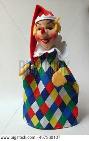 Colorful Punchinello Hand Puppet With Red Hat