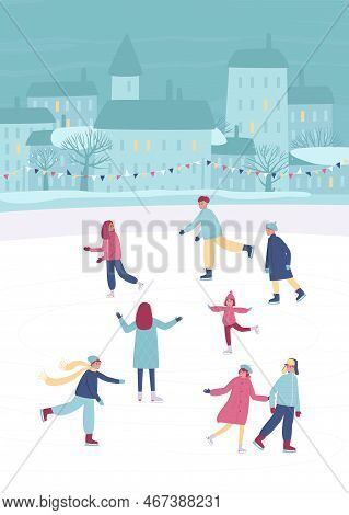 People Ride On The City Ice Rink. Postcard With A Winter City And People On The Ice Rink. Winter Spo