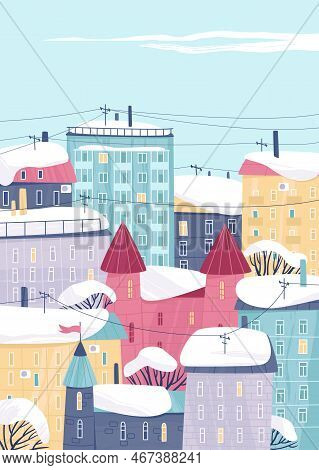 Winter City Postcard With Colorful Houses In The Snow. Bright Winter Day In A Small Town. Flat Vecto