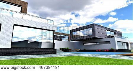 Green Lawn Near The Paved Walkway In The Yard Of The House With Walls Finished With Differ Colors Br