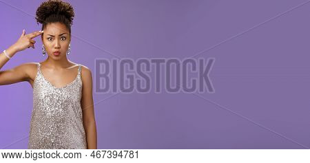 Freaked Out Bothered African-american Woman In Glittering Dress Make Finger-gun Wanna Pul Trigger An