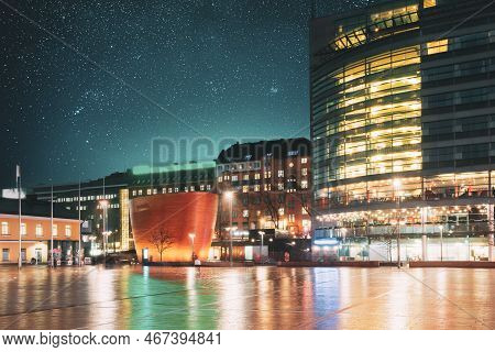 Helsinki, Finland. Light Blue Dramatic Sky With Shining Stars. Kamppi Chapel Or Chapel Of Silence In