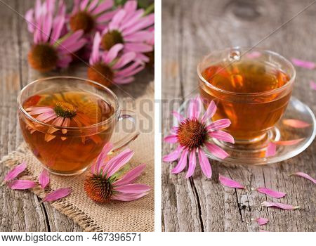 Cup Of Echinacea Tea On Old Wooden Table