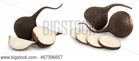 Black Radish With Slices Isolated On White Background