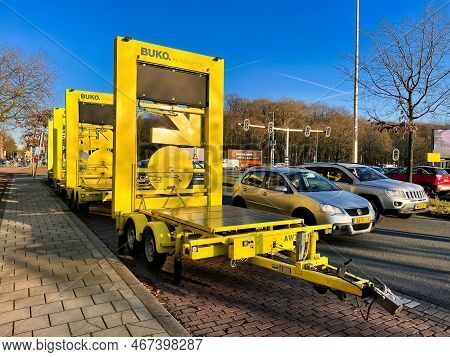 Den Haag, Netherlands - December 16 2021 : Several Huge Mobile Road Signs For Construction Zone Work