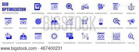 Seo Optimization Concept Of Web Icons Set In Simple Flat Design. Pack Of Marketing, Active Search, G