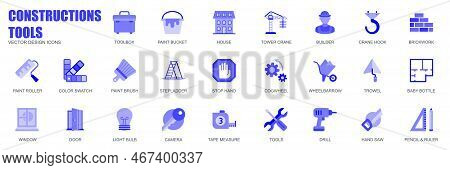 Construction Tools Concept Of Web Icons Set In Simple Flat Design. Pack Of Toolbox, Paint Bucket, Ho