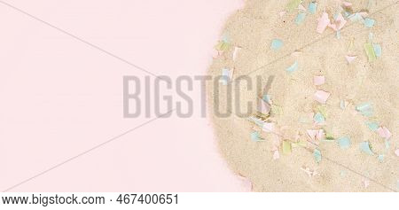 Conceptual Composition Of Microplastics And Coastal Sand. The Impact Of Microplastic On Nature. The