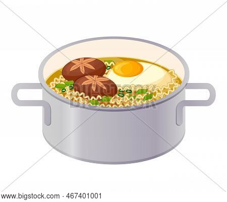 Ramen Korean Style. Ramyun, Ramyeon Noodles In Saucepan. Asian Food. Colorful Vector Illustration Is