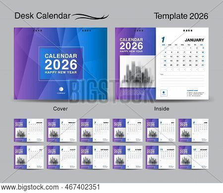 Desk Calendar 2026 Template Set And Blue Cover Design, Set Of 12 Months, Creative Calendar 2026 Desi