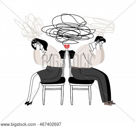 Quarrel Between A Man And A Woman. Scandal, Divorce, Betrayal. Confused Thoughts, Search For A Solut