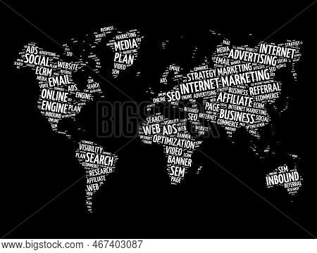 Internet Marketing Word Cloud In Shape Of World Map, Business Concept Background