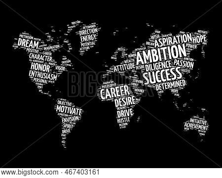Ambition Word Cloud In Shape Of World Map, Concept Background