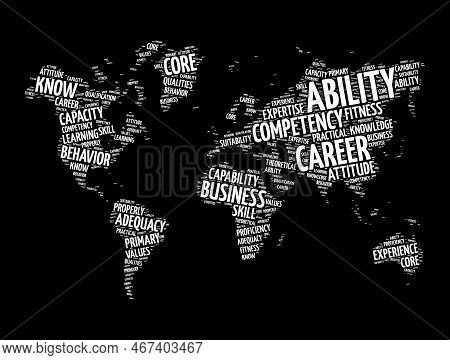 Ability Word Cloud In Shape Of World Map, Concept Background