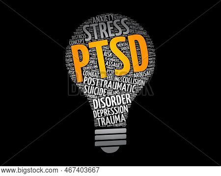 Ptsd - Posttraumatic Stress Disorder Light Bulb Word Cloud Collage, Health Concept Background
