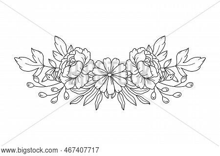 Floral Border Arrangement. Line Art Peony And Daisy Flowers And Leaves. Line Art Style. Botanical De