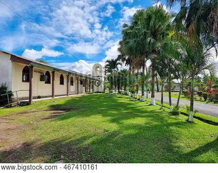 Panama, Boqueron Town, Parish San Miguel Arcangel, Side View Of The Garden With Palm Trees