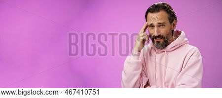 Man Hearing Ridiculous Nonsense Talks Bothered Pissed Frowning Cringing From Dislike Disagree Touch 