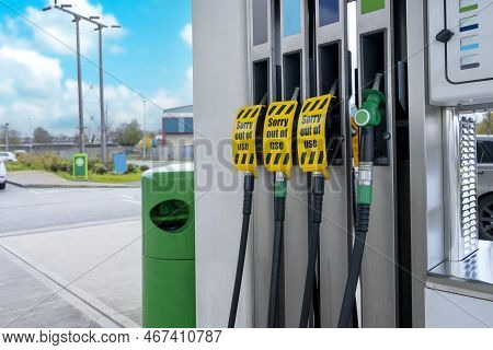 Fuel Pump Is Out Of Order Sign On. No Fuel At Gas Station. Petrol Station Closed Due To Fuel Shortag