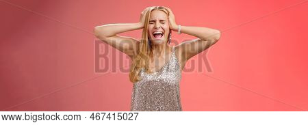 Upset Distressed Pressured Fed Up Panicking Young Blond Woman In Dress Scream Cry Heart Out Being He