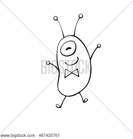 Vector Outline Cute Funny Alien, Cartoon Beetle In Doodle Style. Design Element, Clip Atr On Theme O