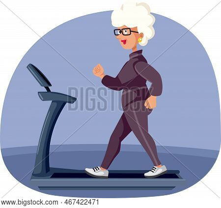 Elderly Woman Power Walking On A Treadmill Vector Cartoon Illustration