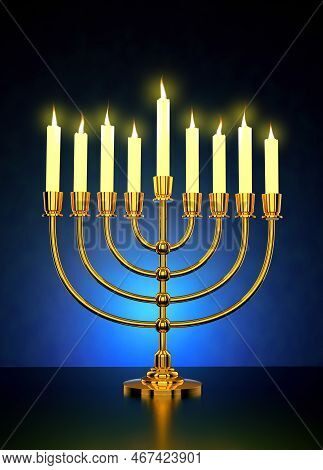 Happy Hanukkah - Golden Realistic Menorah, Candle Stand Candelabrum With Lit Candles - 3d Illustrati