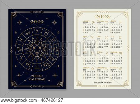 Year 2023 Of Pocket Size Calendar Template Golden Zodiac Symbols. Dark Navy Color Double Sided Verti