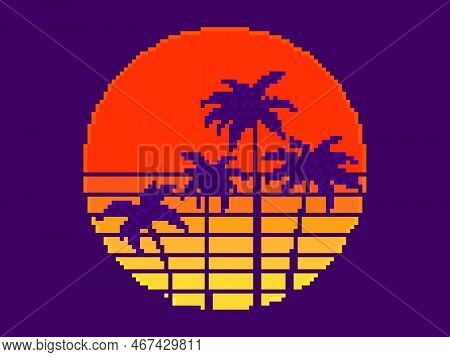 Pixel Art Palm Trees At Sunset In 80s Style. 8-bit Sun Synthwave And Retrowave. Retro 8-bit Video Ga