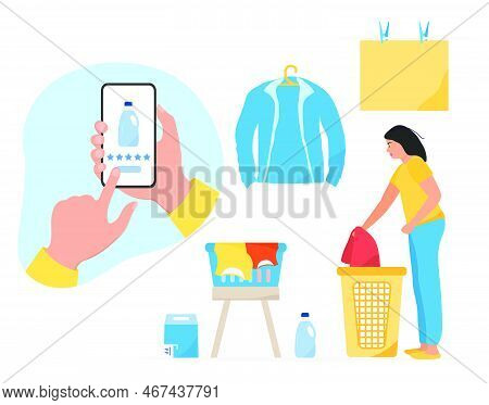 Vector Illustration Buying Laundry Detergent Online Via The Internet. Сell Phone. Professional Quali