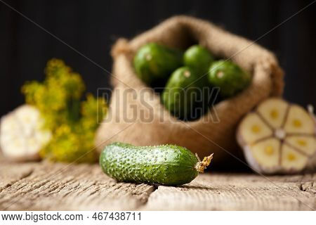 Fresh Cucumbers In A Bag On A Wooden Background. Cucumbers With Spices For Home Preservation. Fresh 