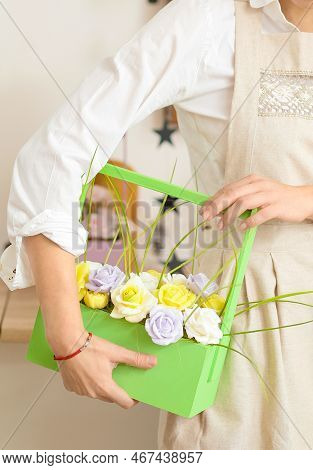 Girl Makes Flowers From The Soap. Hobby, Creative Process. Diy Gifts. Women's Hands And Flowers. Han